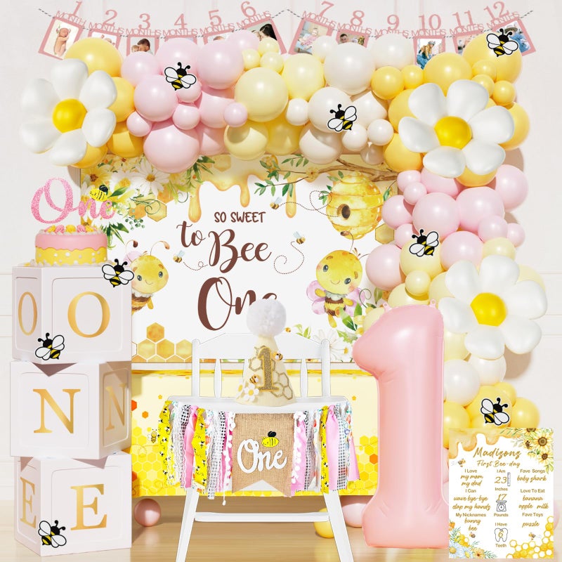 Fiesec First Bee Day Decorations Girl 108PCs Honey Bee Themed 1st Birthday Party Supplies with So Sweet to Bee One Backdrop Banner Pink Yellow Balloon Garland Kit Tablecloth - Image 3