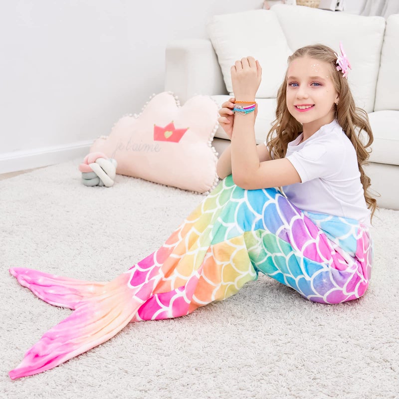 Wernnsai WERNNSAI Mermaid Tail Blanket - Wearable Mermaid Soft Blanket with Hairpin and Bracelet for Girls Kids Rainbow Soft Flannel Snuggle Blanket 55 x 24 Gift for Birthday Christmas  - Image 5