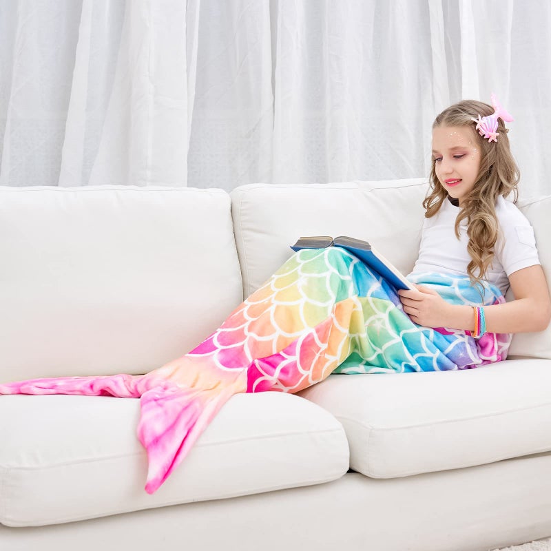 Wernnsai WERNNSAI Mermaid Tail Blanket - Wearable Mermaid Soft Blanket with Hairpin and Bracelet for Girls Kids Rainbow Soft Flannel Snuggle Blanket 55 x 24 Gift for Birthday Christmas  - Image 2