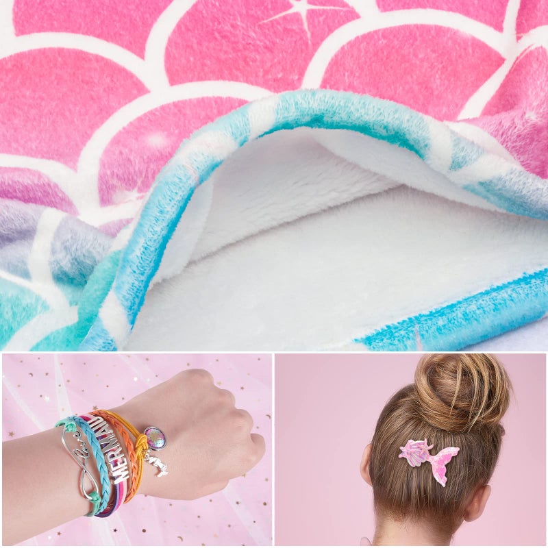 Wernnsai WERNNSAI Mermaid Tail Blanket - Wearable Mermaid Soft Blanket with Hairpin and Bracelet for Girls Kids Rainbow Soft Flannel Snuggle Blanket 55 x 24 Gift for Birthday Christmas  - Image 3