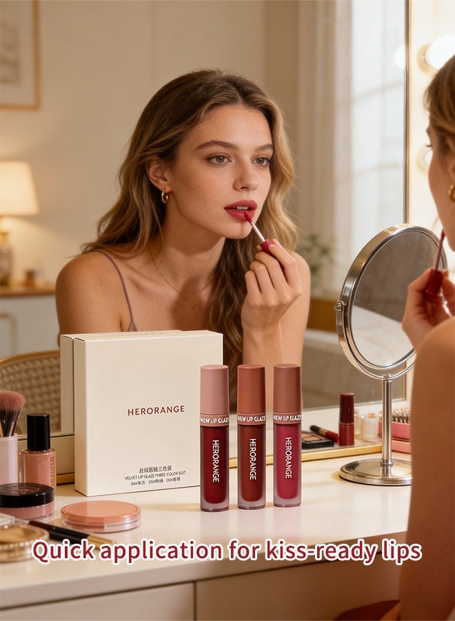 HERORANGE 3Pcs Velvet Matte Lip Glaze Set for Women, Deep Red Tones Long Lasting Transfer-Proof Lip Mud Kit, Bold & Rich Lipstick Set for Daily, Date & Makeup - Image 4