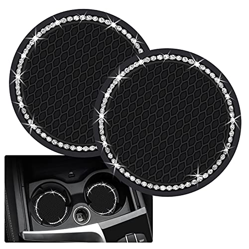 Tyhaui 2PCS Bling Car Cup Coaster, 2.75 Inch Auto Cup Holder Insert Coasters Silicone Anti-Slip Crystal Rhinestone Drink Mat, Universal Vehicle Interior Accessories for Women Girls (Black) - Image 1