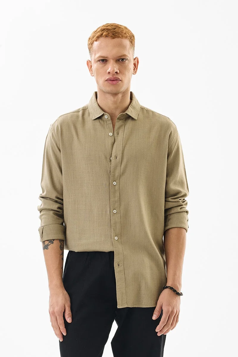 SNITCH Beige Solid Long Sleeve Slim Fit Shirt