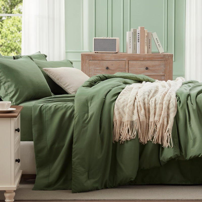 Anluoer King Size Comforter Set 7 Pieces, Olive Green Bed in a Bag Bedding Set with 1 Comforter, 2 Pillow Shams, 2 Pillowcases, 1 Flat Sheet, 1 Fitted Sheet - Image 3