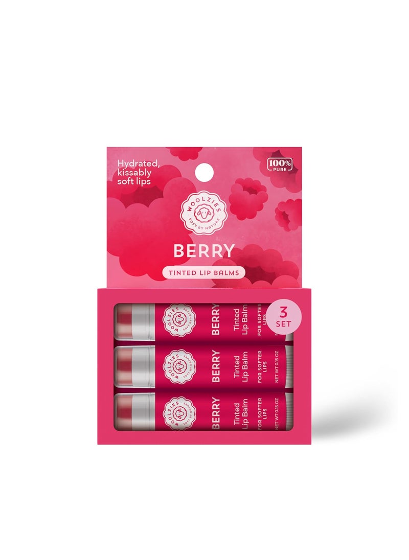Woolzies - Tinted Lip Balm Set AllNatural Shea Butter Beeswax Coconut Oil Vitamin E Infused Lip Moisturizer Care Treatment 3 Pack Berry - Image 1