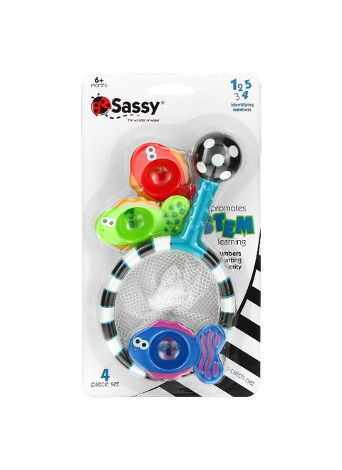 Sassy, Developmental Bath Toy, Catch 'n Count Net,  6 + Months, 4 Piece Set