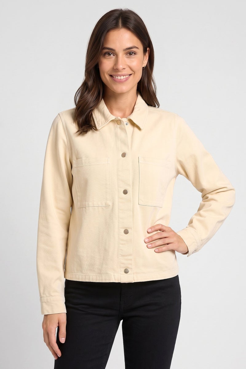 Threadbare Women Long Sleeve Solid Denim Jacket Shirt, Beige - Image 1