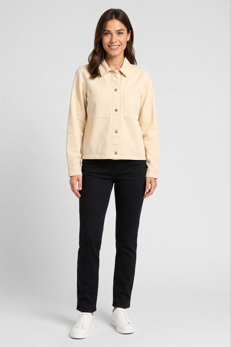 Threadbare Women Long Sleeve Solid Denim Jacket Shirt, Beige - Image 2