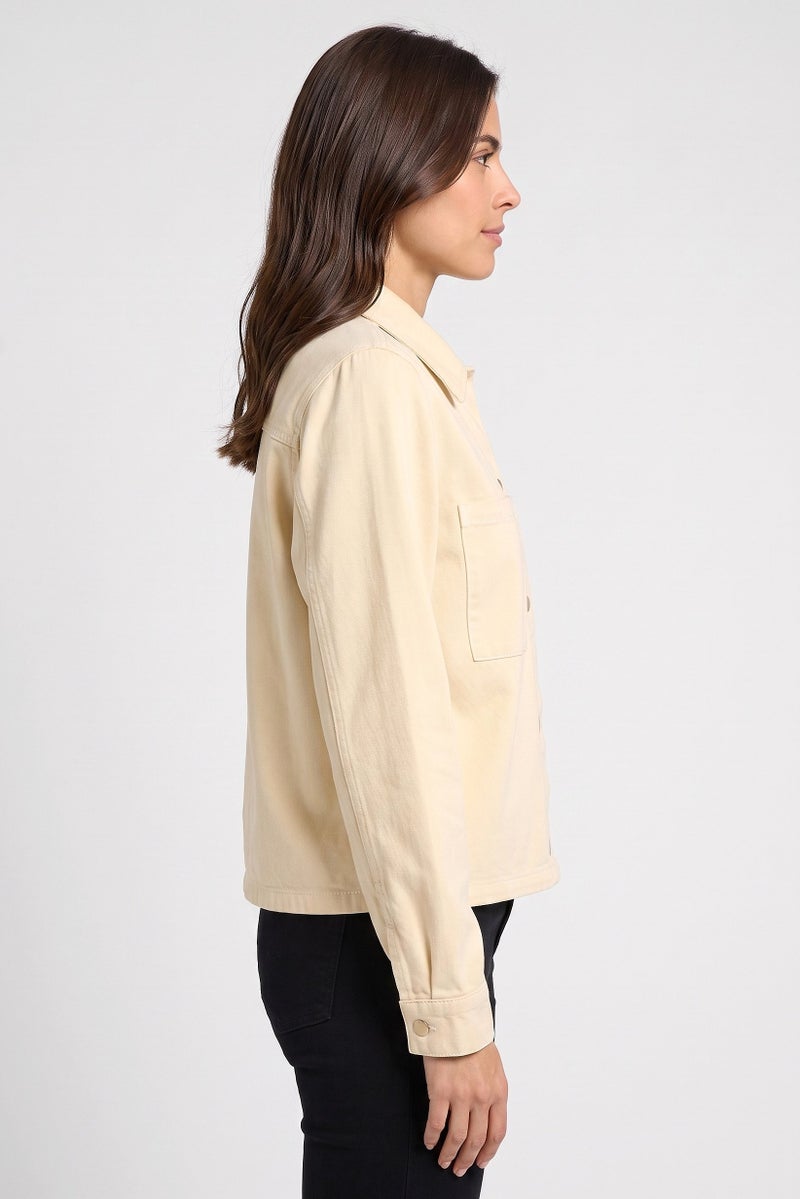 Threadbare Women Long Sleeve Solid Denim Jacket Shirt, Beige - Image 3