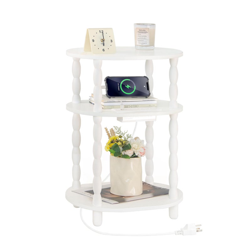 MaxSmeo White Side Table with Charging Station, 3-Tier Small Oval End Table with USB Ports and Outlets, Modern Night Stand Wood Accent Table for Living Room, Bedroom, White - Image 1