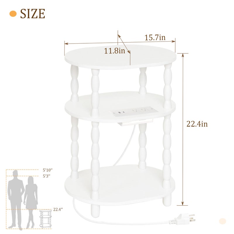 MaxSmeo White Side Table with Charging Station, 3-Tier Small Oval End Table with USB Ports and Outlets, Modern Night Stand Wood Accent Table for Living Room, Bedroom, White - Image 3