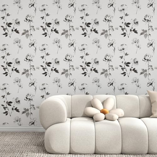 Hopepak Floral Wallpaper Peel and Stick Black and White Flower Peel and Stick Wall Paper Modern Contact Paper Removable Self Adhesive Wallpaper for Bathroom Bedroom Cabinet Decor Vinyl 17.3" x 80" - Image 3