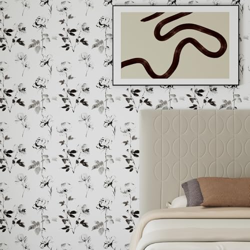 Hopepak Floral Wallpaper Peel and Stick Black and White Flower Peel and Stick Wall Paper Modern Contact Paper Removable Self Adhesive Wallpaper for Bathroom Bedroom Cabinet Decor Vinyl 17.3" x 80" - Image 2
