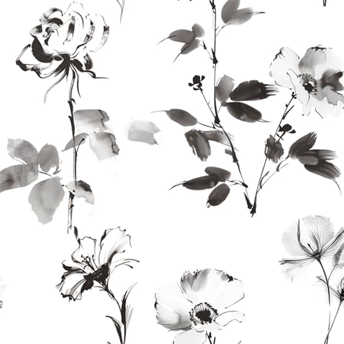Hopepak Floral Wallpaper Peel and Stick Black and White Flower Peel and Stick Wall Paper Modern Contact Paper Removable Self Adhesive Wallpaper for Bathroom Bedroom Cabinet Decor Vinyl 17.3" x 80" - Image 1
