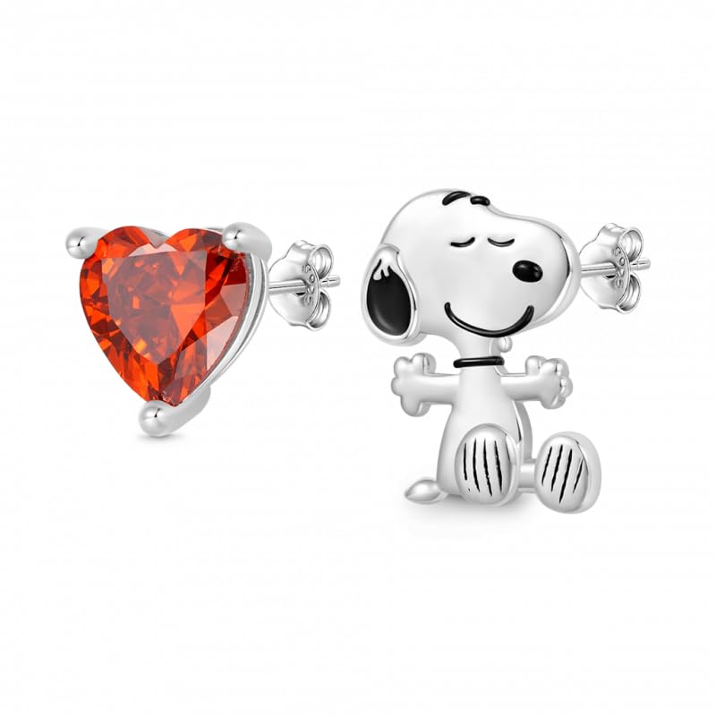 Gnoce Peanuts "Find Your True Love" Snoopy Heart Ruby Stud Earrings for Women, S925 Sterling Silver Stud Earrings for Her Wife, Valentineâ€˜s Day, Motherâ€™s Day Jewelry - Image 1