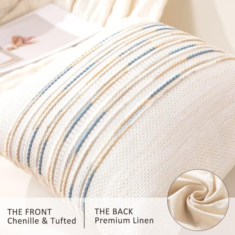 WANLIRD Boho Throw Pillow Covers 18x18 Set of 2 Farmhouse Decorative Cushion Case Striped Square Pillows Cover Chenille Pillow Cases Accent Neutral Pillowcase for Sofa Couch Bed,Yellow-Blue - Image 2