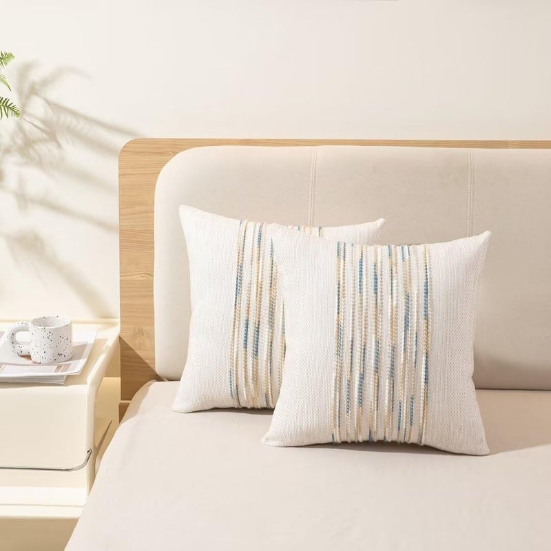 WANLIRD Boho Throw Pillow Covers 18x18 Set of 2 Farmhouse Decorative Cushion Case Striped Square Pillows Cover Chenille Pillow Cases Accent Neutral Pillowcase for Sofa Couch Bed,Yellow-Blue - Image 5