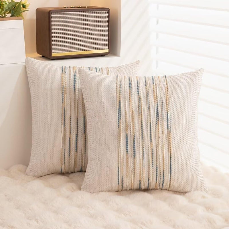 WANLIRD Boho Throw Pillow Covers 18x18 Set of 2 Farmhouse Decorative Cushion Case Striped Square Pillows Cover Chenille Pillow Cases Accent Neutral Pillowcase for Sofa Couch Bed,Yellow-Blue - Image 4