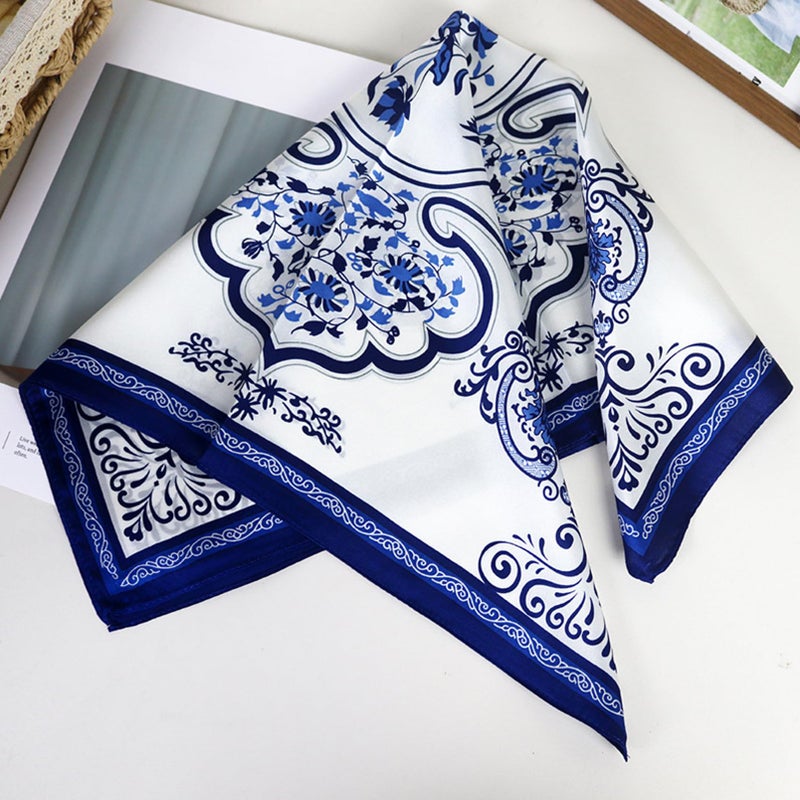 Aufeel 100% Real Mulberry Silk Women Small Square Neck Scarfs 21" Lightweight Headscarf Printed Neckerchief Gift Packed (Blue White) - Image 2