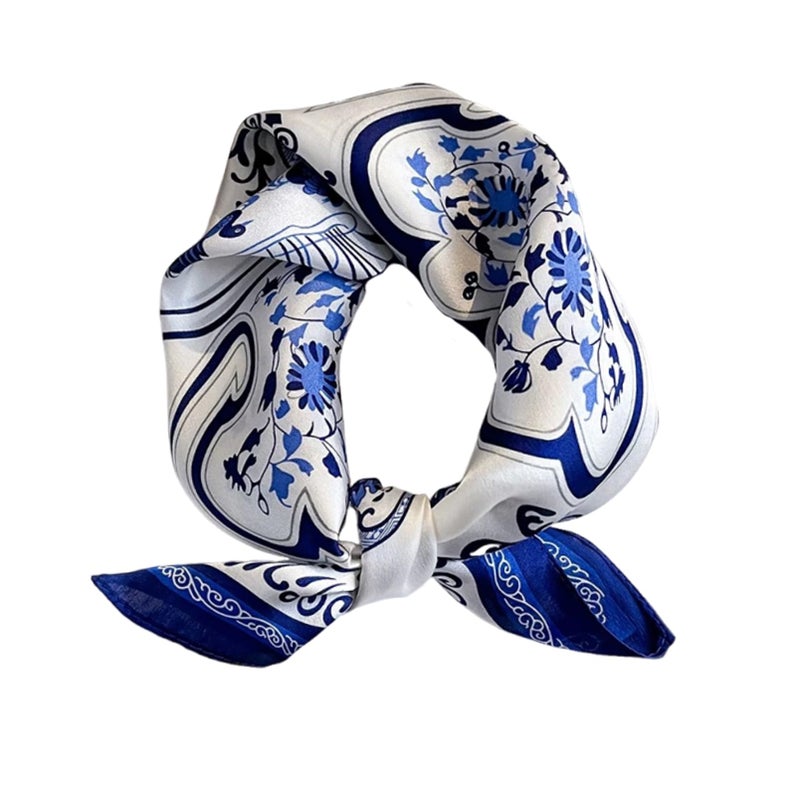 Aufeel 100% Real Mulberry Silk Women Small Square Neck Scarfs 21" Lightweight Headscarf Printed Neckerchief Gift Packed (Blue White) - Image 1