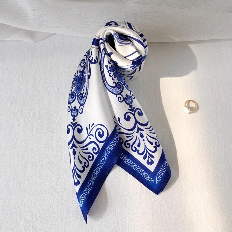 Aufeel 100% Real Mulberry Silk Women Small Square Neck Scarfs 21" Lightweight Headscarf Printed Neckerchief Gift Packed (Blue White) - Image 5