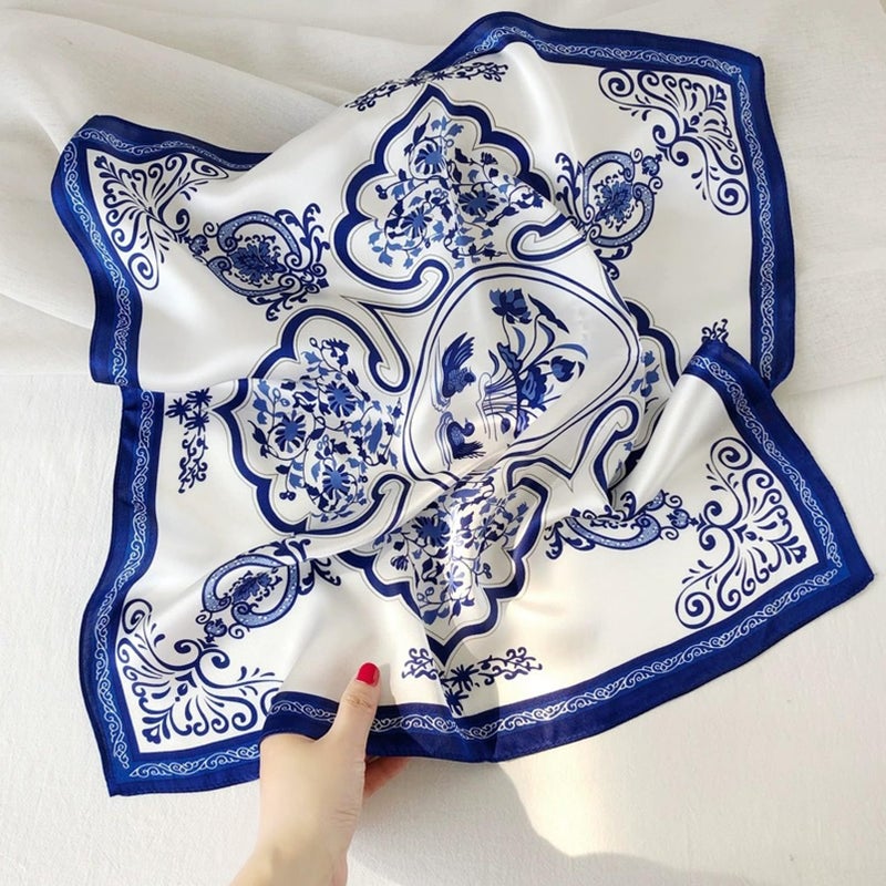 Aufeel 100% Real Mulberry Silk Women Small Square Neck Scarfs 21" Lightweight Headscarf Printed Neckerchief Gift Packed (Blue White) - Image 3