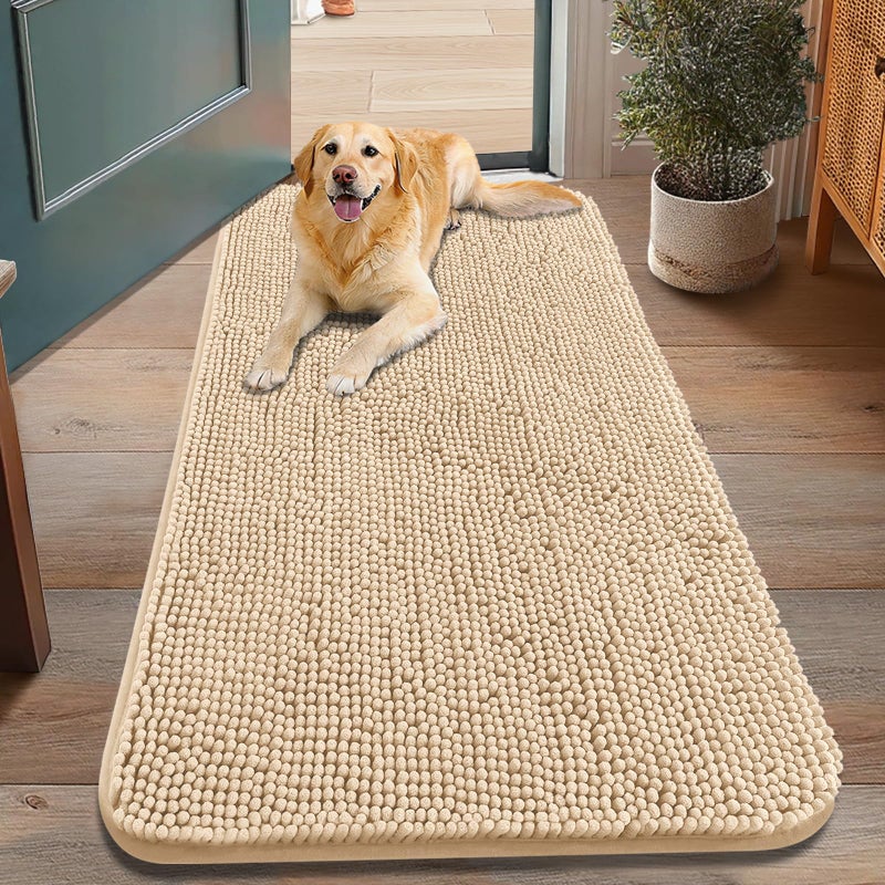 Smiry Dog Door Mat for Muddy Paws 48x30, Absorbs Moisture and Dirt Doormat, Non-Slip Washable Quick Dry Chenille Front Door Mat Indoor Entrance, Entryway Carpet for Inside Floor, Beige - Image 1