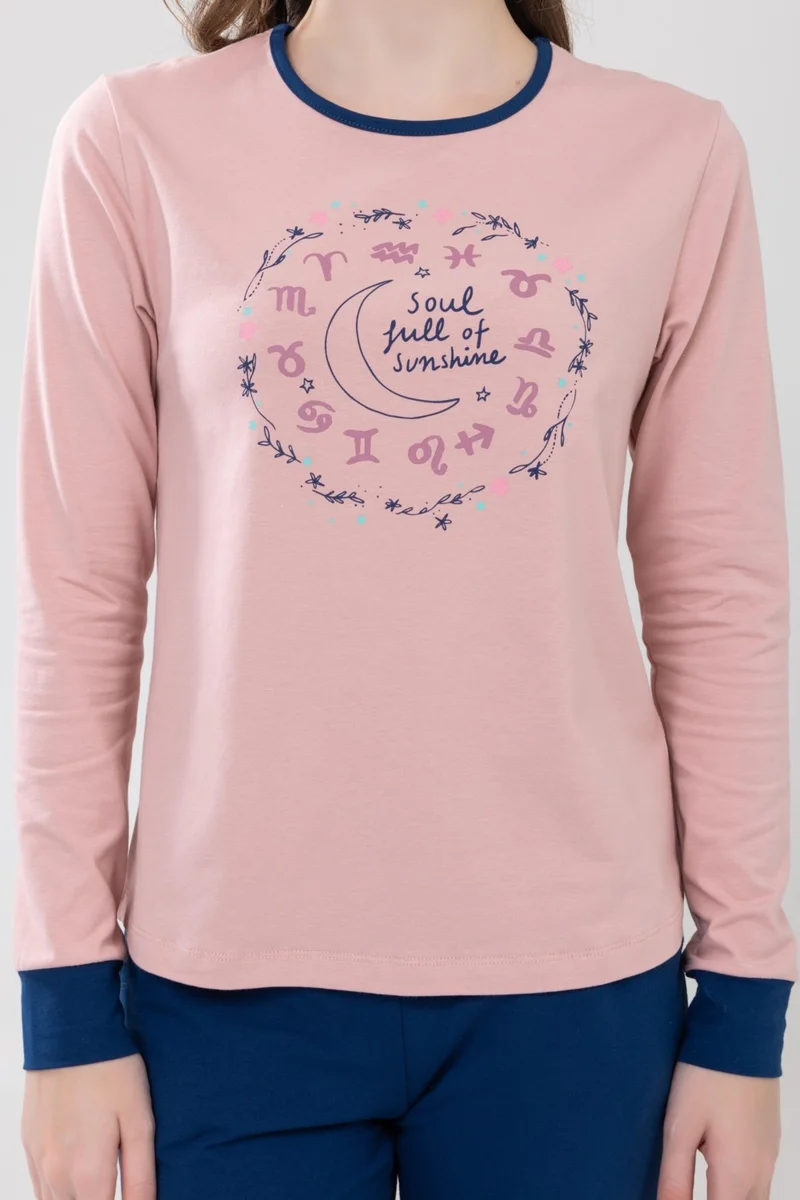 Baykar Girls Cotton Printed Crew Neck Long Sleeve Cuffed Pajama Set 9237 Dusty Rose