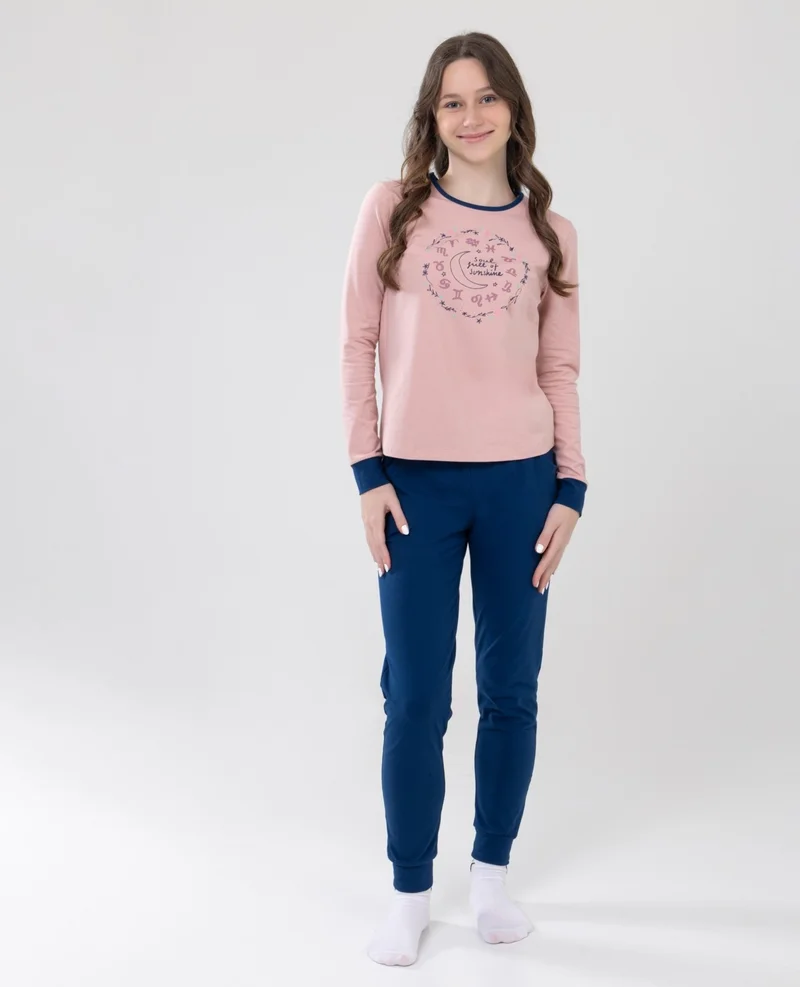Baykar Girls Cotton Printed Crew Neck Long Sleeve Cuffed Pajama Set 9237 Dusty Rose