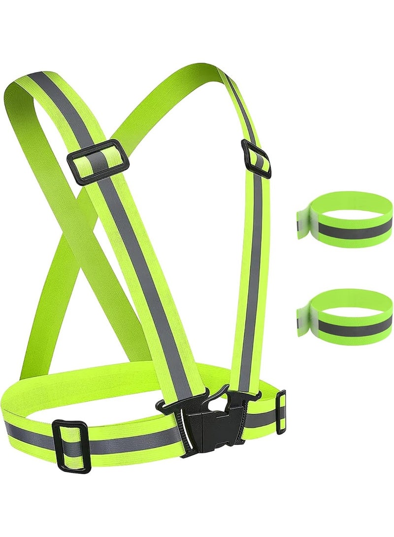 سترة أمان عاكسة باللون الأخضر الفسفوري مع أحزمة للكتف والخصر، مرنة وعالية المرونة، مناسبة للجري الليلي وركوب الدراجات، تشمل زوجًا من أساور اليد العاكسة - Image 1