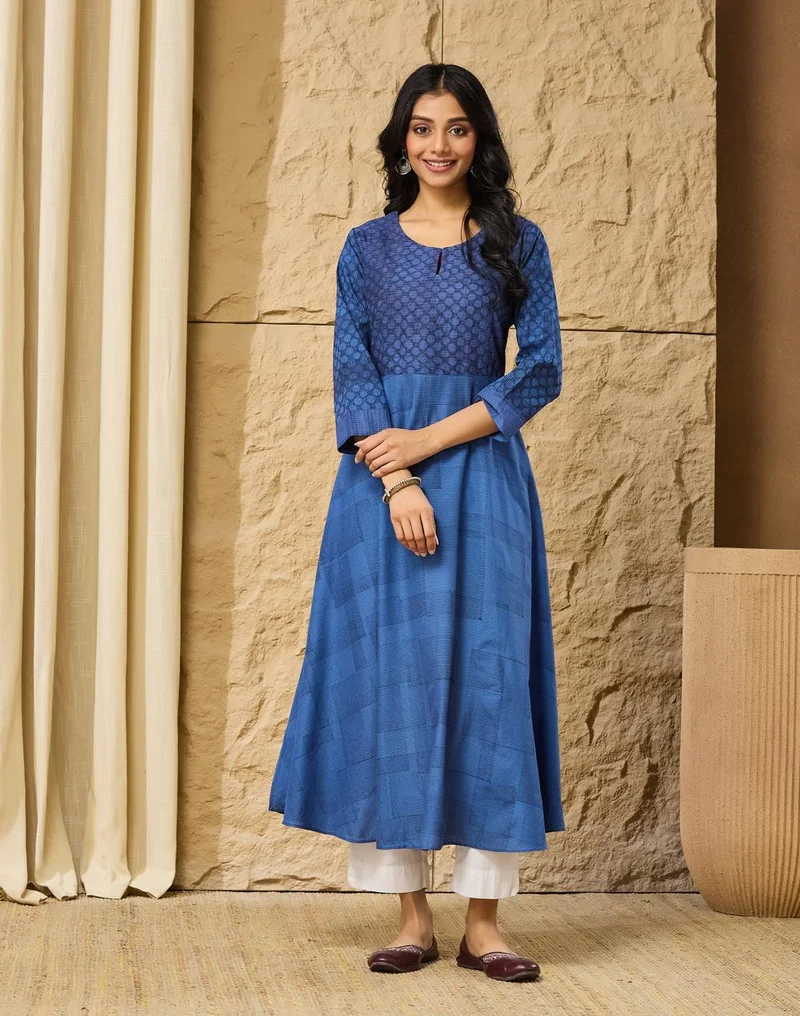 Fabindia  Indigo Cotton Hand Block Printed Slim Fit Long Kurta for Women | Best Price UAE