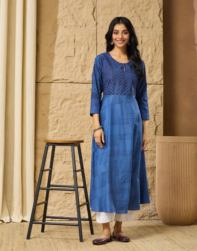 Indigo Cotton Hand Block Printed Slim Fit Long Kurta