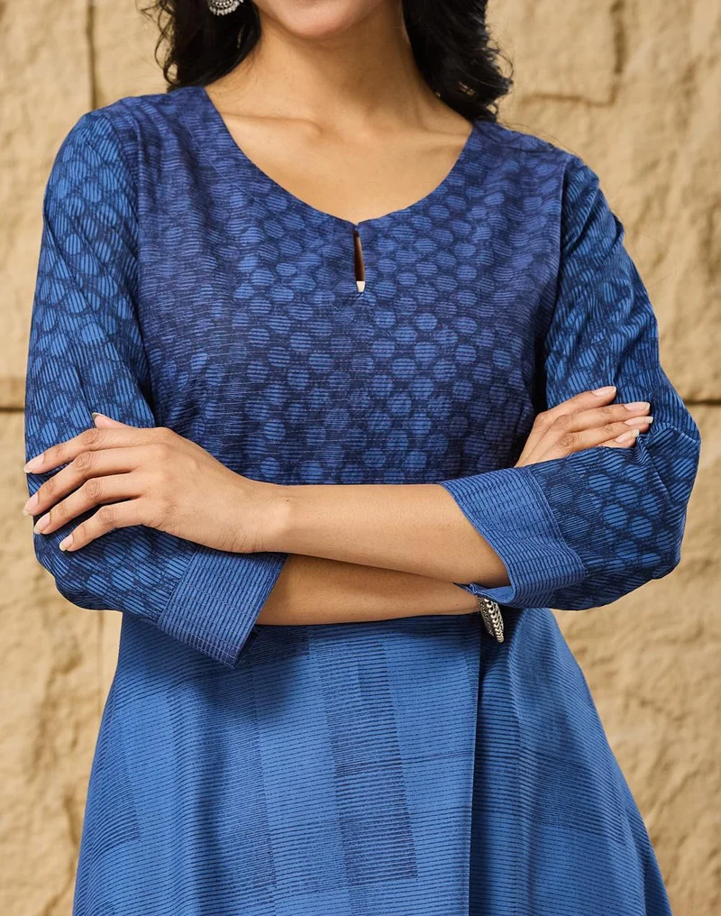Fabindia  Indigo Cotton Hand Block Printed Slim Fit Long Kurta for Women | Best Price UAE