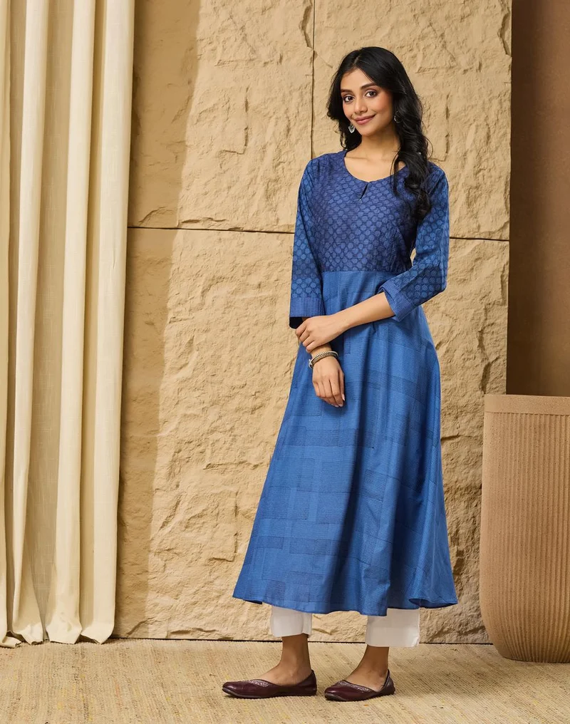 Fabindia  Indigo Cotton Hand Block Printed Slim Fit Long Kurta for Women | Best Price UAE