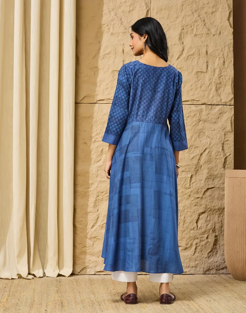Fabindia  Indigo Cotton Hand Block Printed Slim Fit Long Kurta for Women | Best Price UAE