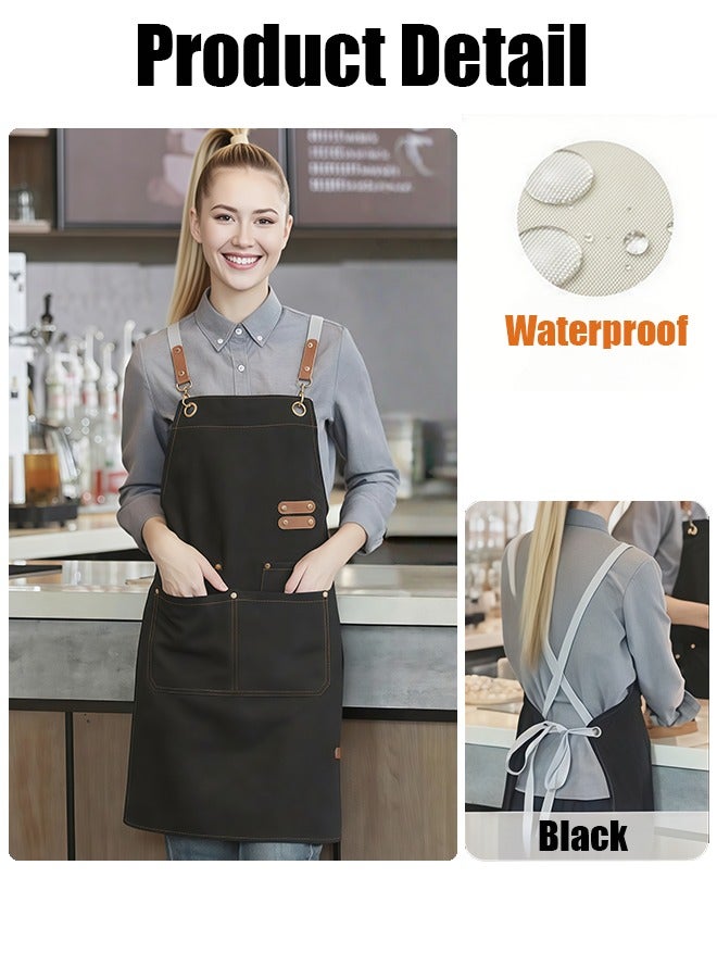 متجر الفرح مريلة ظهر متقاطعة مع أحزمة قابلة للتعديل وجيوب كبيرة من القماش المقاوم للماء، مريلة طاهٍ للمطبخ والطبخ والخبز وتصفيف الشعر والنجارة واللحام والنجارة، مريلة عمل، لون أسود - Image 2