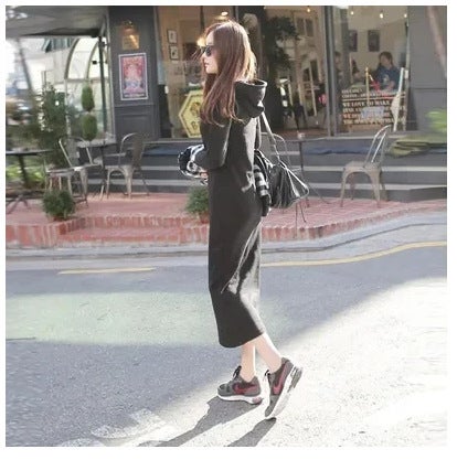 Hooded Casual Sweater Womens dress fleece-lined Spring Autumn Winter Long-sleeved Slim-fit South Korea Hoodie Pullover Slimming Skirt Black