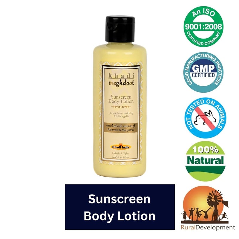 KHADI MEGHDOOT Khadi Meghdoot Sunscreen Body Lotion Intense Hydration with Sunburn Protection Enriched With Extracts of Aloe vera  Manjistha for Pigmentation and Dry Skin Soft and Glowing Skin 210ml Pack of 1  - Image 2