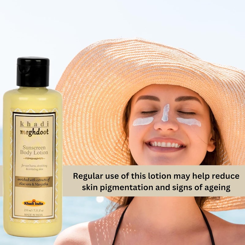 KHADI MEGHDOOT Khadi Meghdoot Sunscreen Body Lotion Intense Hydration with Sunburn Protection Enriched With Extracts of Aloe vera  Manjistha for Pigmentation and Dry Skin Soft and Glowing Skin 210ml Pack of 1  - Image 5
