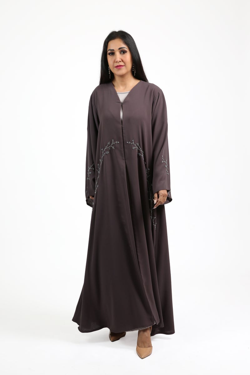 نيكياس عباية نيكاس شيفون مزدوج رمادي داكن بتطريز يدوي - Image 3
