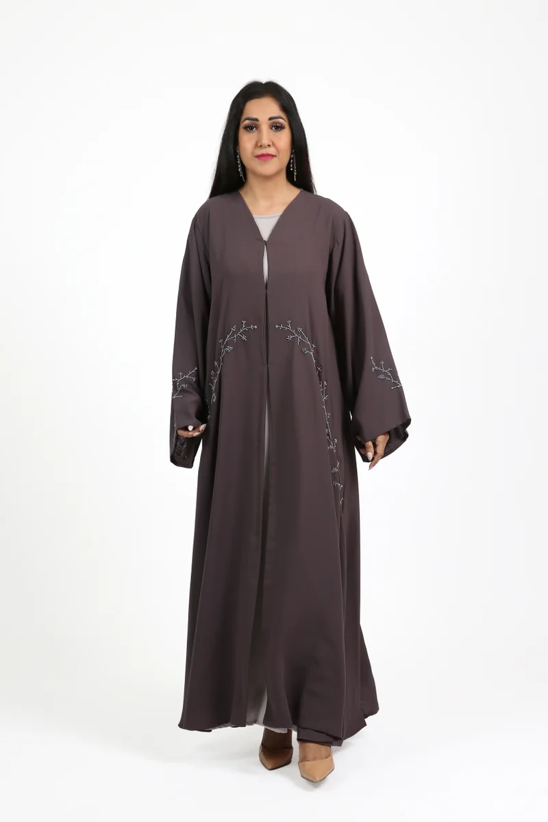 Nikias Nikias Dark Grey Double Chiffon Abaya with Handwork