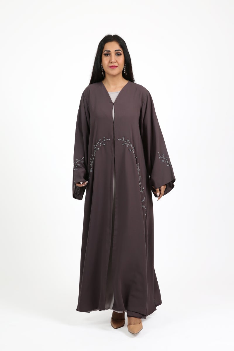 نيكياس عباية نيكاس شيفون مزدوج رمادي داكن بتطريز يدوي - Image 2