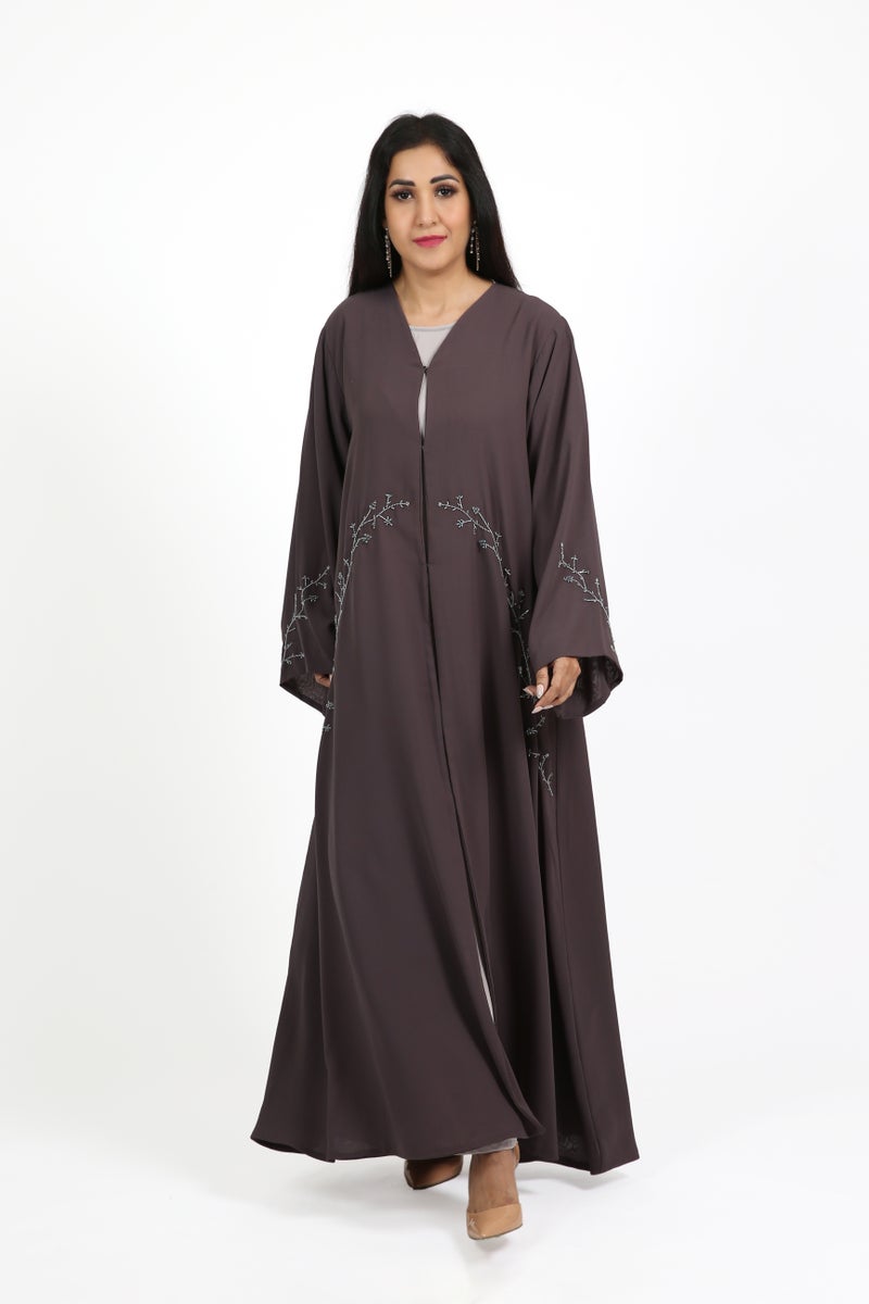 نيكياس عباية نيكاس شيفون مزدوج رمادي داكن بتطريز يدوي - Image 1