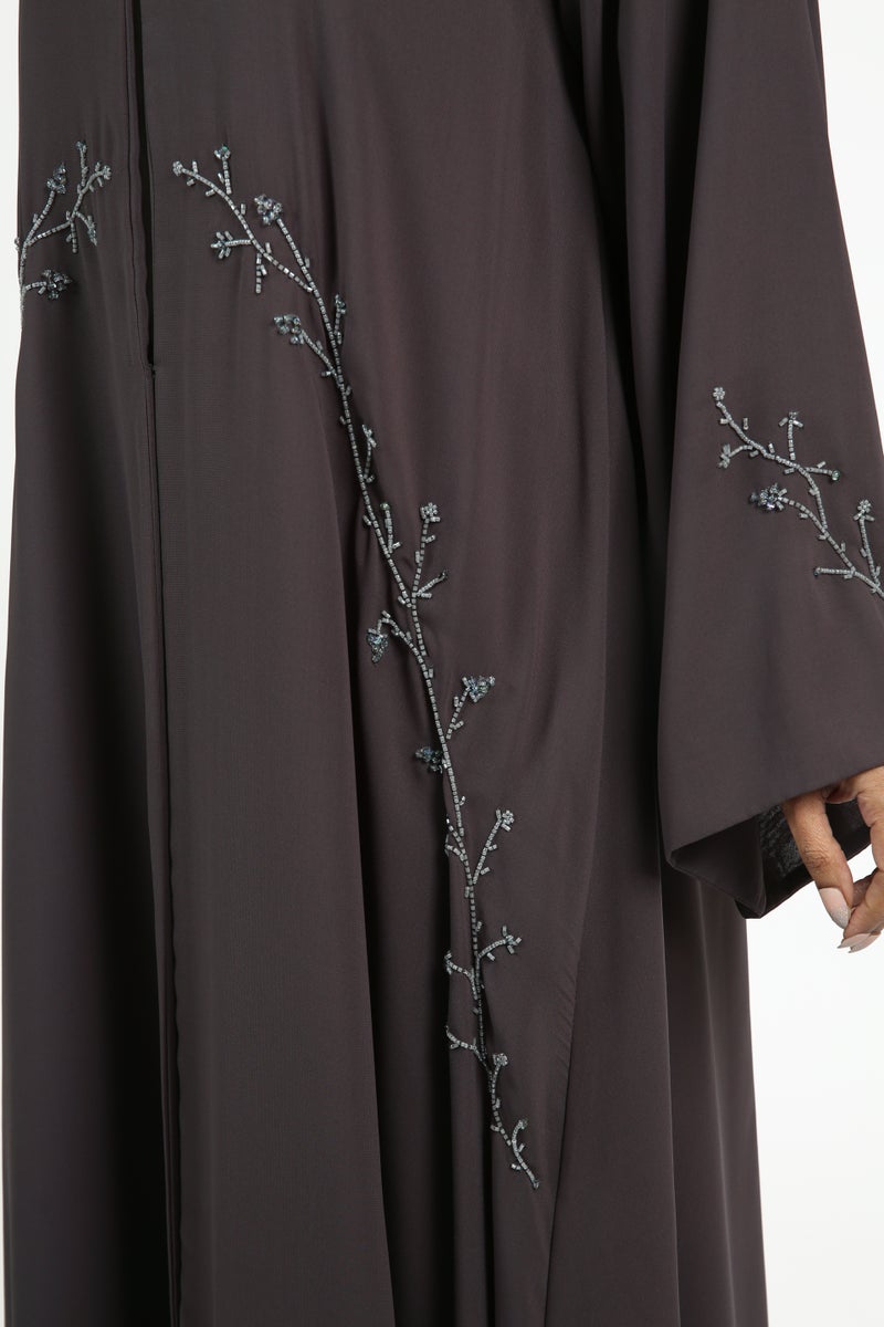 نيكياس عباية نيكاس شيفون مزدوج رمادي داكن بتطريز يدوي - Image 4