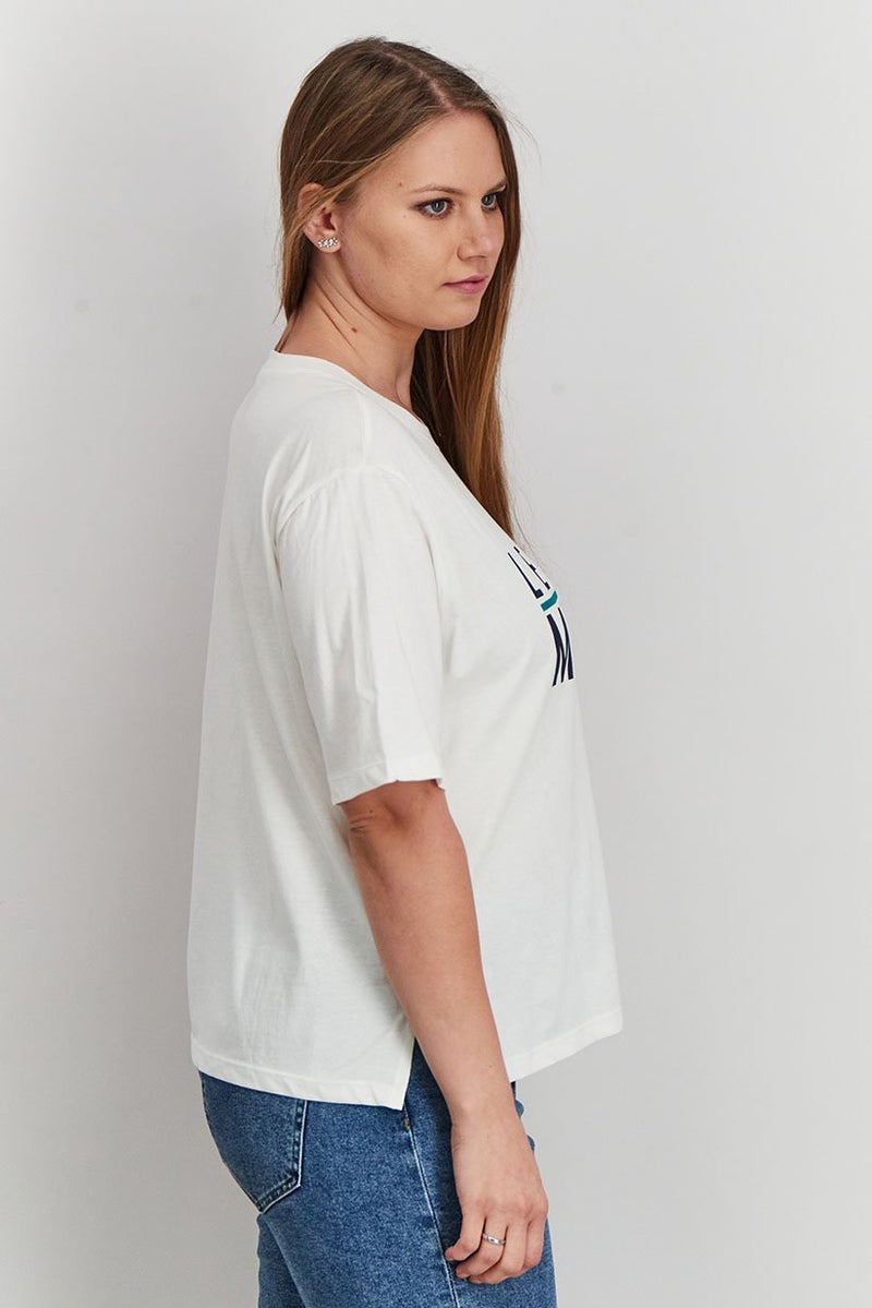 UNDIZ Women Crew Neck Short Sleeves Graphic Print T-shirts, Ecru - Image 4