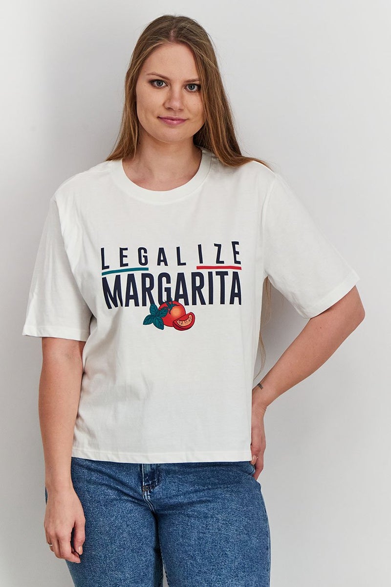 UNDIZ Women Crew Neck Short Sleeves Graphic Print T-shirts, Ecru - Image 1