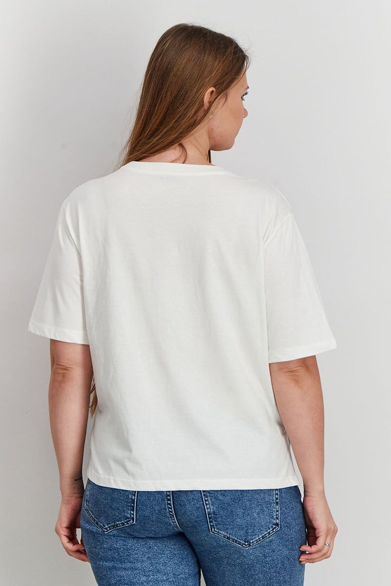 UNDIZ Women Crew Neck Short Sleeves Graphic Print T-shirts, Ecru - Image 3