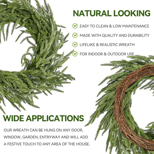 ENVEN 24" Norfolk Pine Wreath for Front Door, Real Touch Norfolk Pine Wreath Artificial Green Wreath Greenery Realistic Wreath Holiday Decoration for Home Decor - Image 5