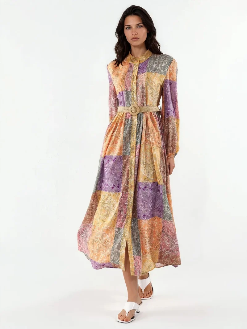 جينيفر Belted Geometric Chiffon Maxi Dress
