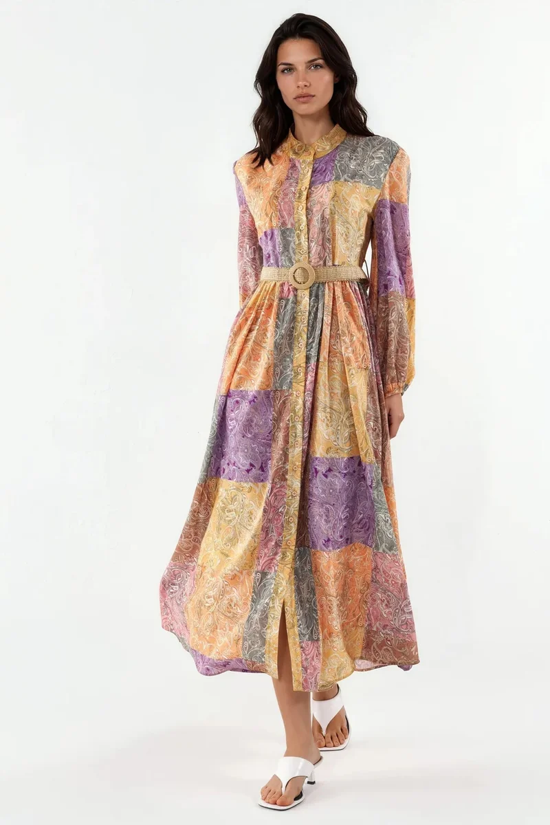 جينيفر Belted Geometric Chiffon Maxi Dress